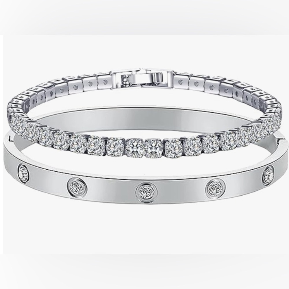 2pcs Gold Stackable Bracelets,18k Gold Plated Ten… - image 1